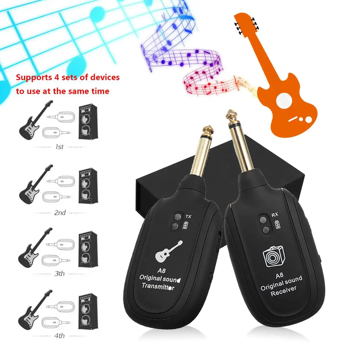 

For Guitar Violin Electric Instrument Wireless Audio Transmitter Receiver System Supports 4 Sets Light Weight Anti-jamming