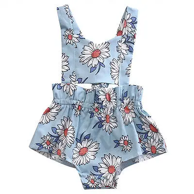 

Newborn Infant Baby Girl White Chrysanthemum Floral Sling Bodysuit Fake 2pcs Outfits Summer Sunsuit Clothes