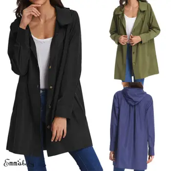 

New Women Winter Button Hooded Rain Jacket Coat Casual Lapel Collar Tops Outwear