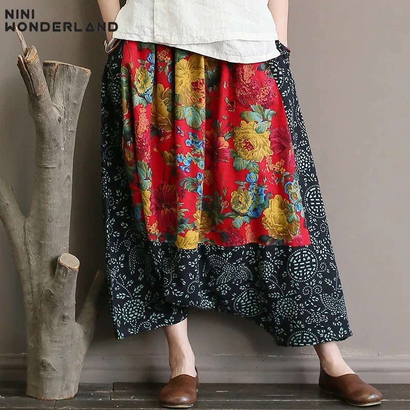 NINI WONDERLAND Spring Summer Nation Style Patchwork Printed Pants Women Cross Pants Female Loose Harem Pants Big Size Trousers