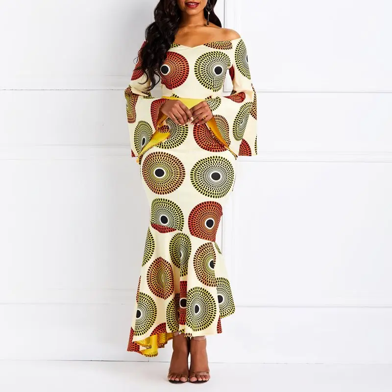 

Slash Neck Flare Sleeve Maxi Dress Female Printed Fashion 2019 Summer Women Sexy Trumpet Ruffle Dinner Party Dress Elegant