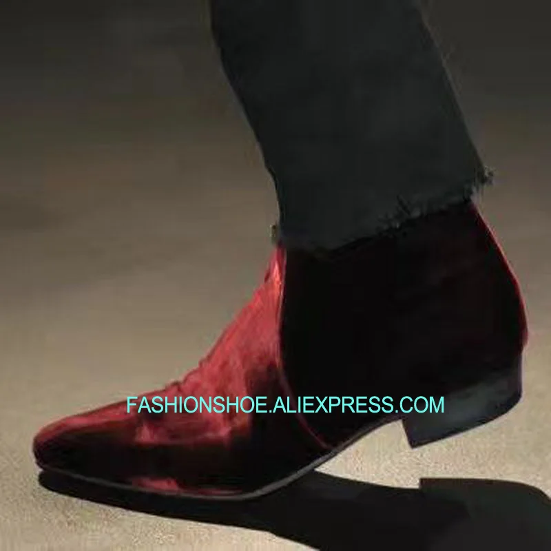 

Fashion Wine Red Velvet Mens Boot Flats Shoes Ankle Booties Pointed toe Zipper Short Chelsea Boot Spring Fall Zip Moto Booties