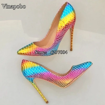 New Pointed Toe Shoes Women Colorful Rainbow Snake Printed Pumps 8/10/12cm High Heels Genuine Leather Stilettos Women Shoes