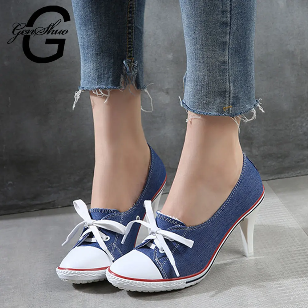 

GENSHUO Women's Shoes High Heels Shallow Pumps Lace Up Casual Loafer Pumps Leisure Denim Canvas Shoes Women Plus size 34-41