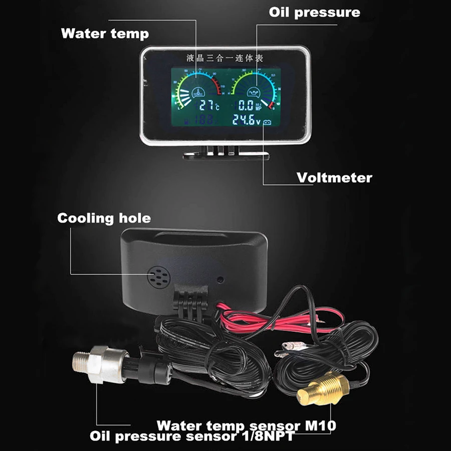 Универсальный 12 В/24 В lcd 3 в 1 Автомобильный манометр давления масла+ вольтметр измеритель величины напряжения+ измеритель температуры воды с датчиками