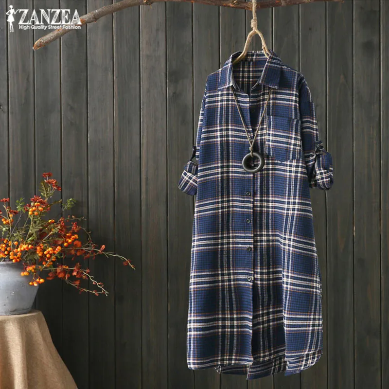 Осеннее платье с длинными рукавами в клетку Chemise для женщин сетки блузка 2021 ZANZEA