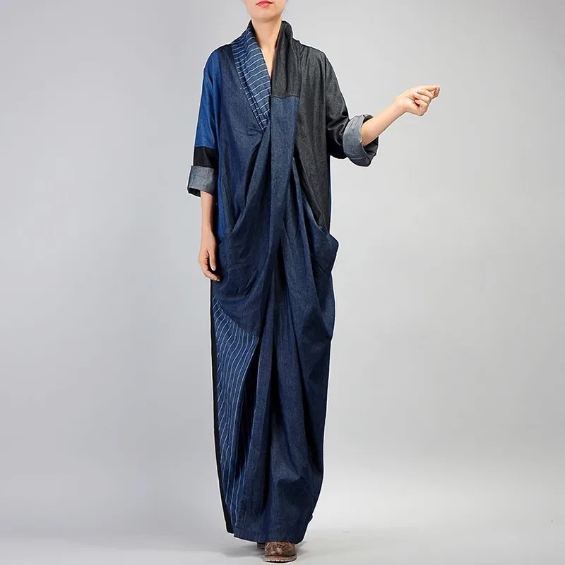 

[YaLee] New Fashion 2019 Spring Summer Contrast Color Striped Splice Personality Large Szie Long Loose Denim Dress Women Y177