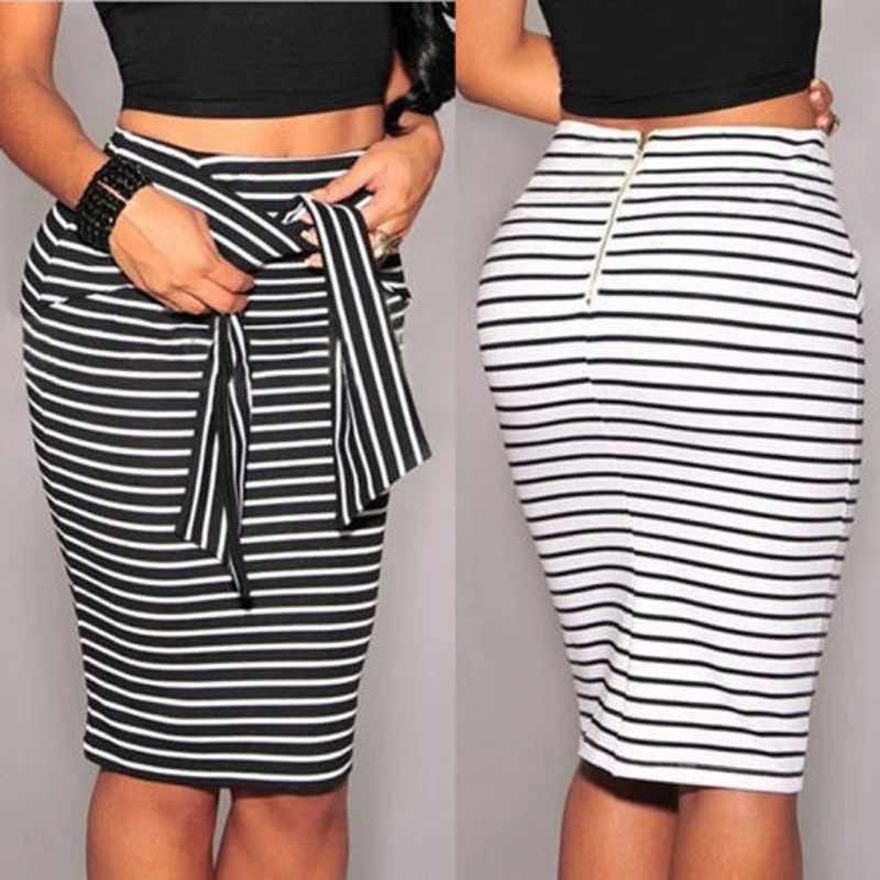 

New Fashion Women Sexy High Waist Stretch Tight Bodycon Mini Skirt Bandage Striped Pencil Club Skirts