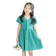 Зеленое Шифоновое Платье на возраст 6-14 лет, платье с короткими рукавами для девочек-подростков, летнее простое свободное детское платье с открытой спиной в китайском стиле