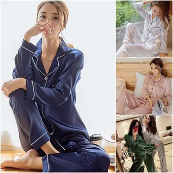 

Fashion Women Sexy Satin Silk Sleepwear Pajama Sets Autumn Winter Long Sleeve Single Breasted Shirts Long Pants Comfy 2Pcs Sets