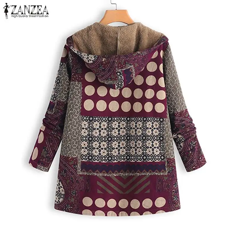 low cost 2019 Plus Size ZANZEA Winter Women Hooded Zipper Long Sleeve Vintage Printed Loose Fur Fleece Coat