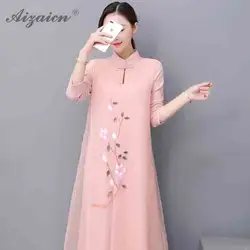 2019 весенне-летний свободный крой Стиль длинные Qipao Современная Повседневный чеонгсам розовый Ручная роспись платье Для женщин