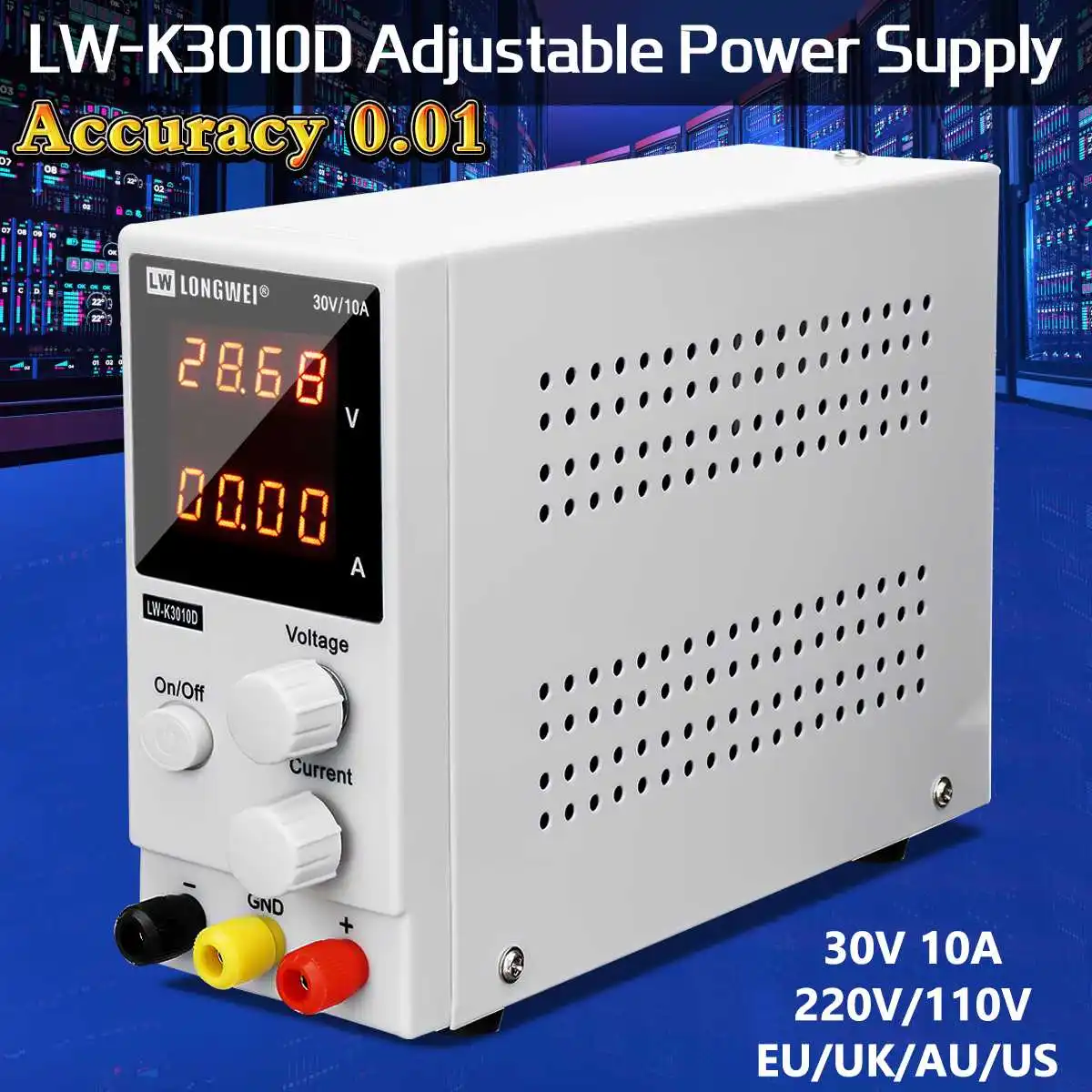 

30V 10A LED Display Adjustable Switching Regulator DC Power Supply Laptop Repair Rework 110V/220V Accuracy 0.01 Dual LCD Display