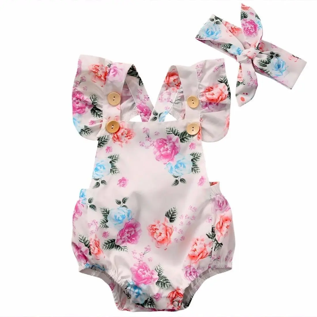 

Puidcoco Newborn Baby Girls Button Floral Ruffle Bodysuit Jumpsuit Headband Cute Cotton Summer Sunsuit Outfit Set