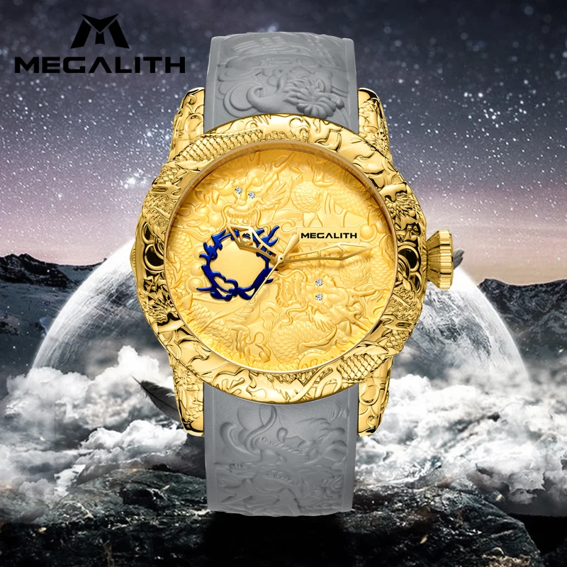 

MEGALITH Fashion Men Watch Top Luxury Brand Gold Dragon Sculpture Watch Men Quartz Watch Waterproof Big Dial Sports Watches Man