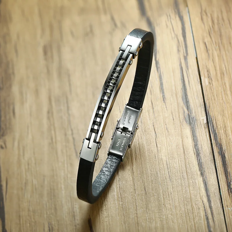 

Vnox Adjustable Real Genuine Leather Bracelets for Men Women Thin Bangle Stainless Steel Unisex Jewelry Accessories