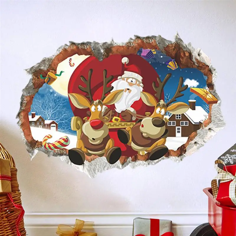 3D Wall Stick Christmas Decoration Removable 3D Broken Wall Santa Claus Reindeer Wall Sticker Wallpaper Wall Decor Decal