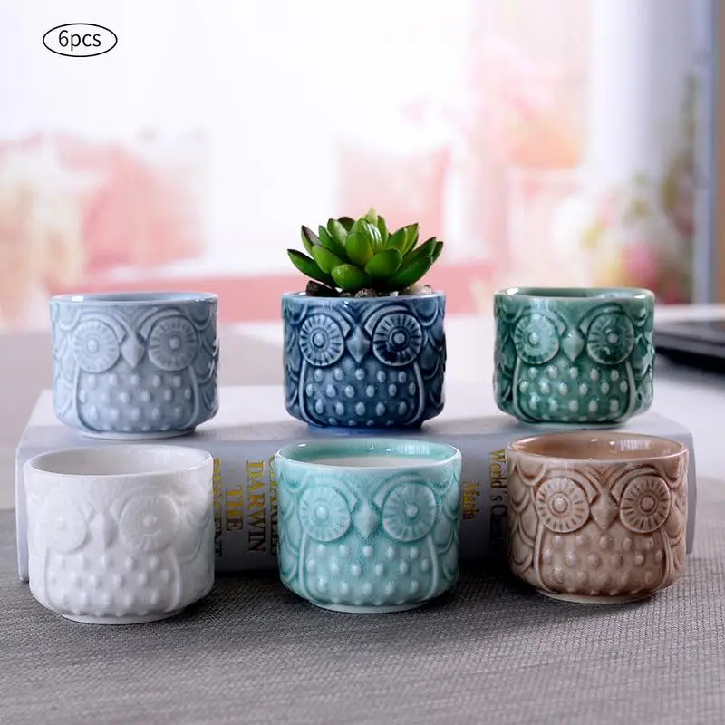 

AUGKUN 6PCS/LOT Ceramic Succulent Plant Flower Pot Owl Pattern Small Flow Glaze Coarse Pottery Ventilated Home Office Decoration
