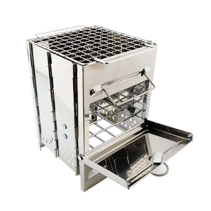 

Outdoor Stove Portable Grill Rack Stainless Steel Stove Pan Camping Roaster Charcoal Barbecue Oven Set Picnic Cookware