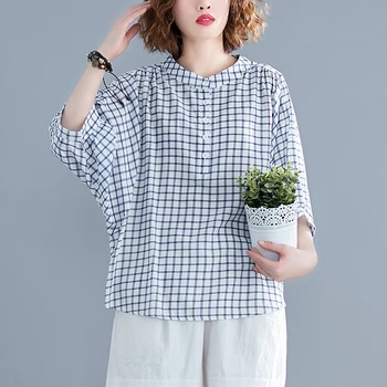 

#3065 Cotton Linen Blouse Female Plus Size Loose Bat Short Sleeves Front Buttons Casual Summer Tops Plaid Blouse Women O Neck