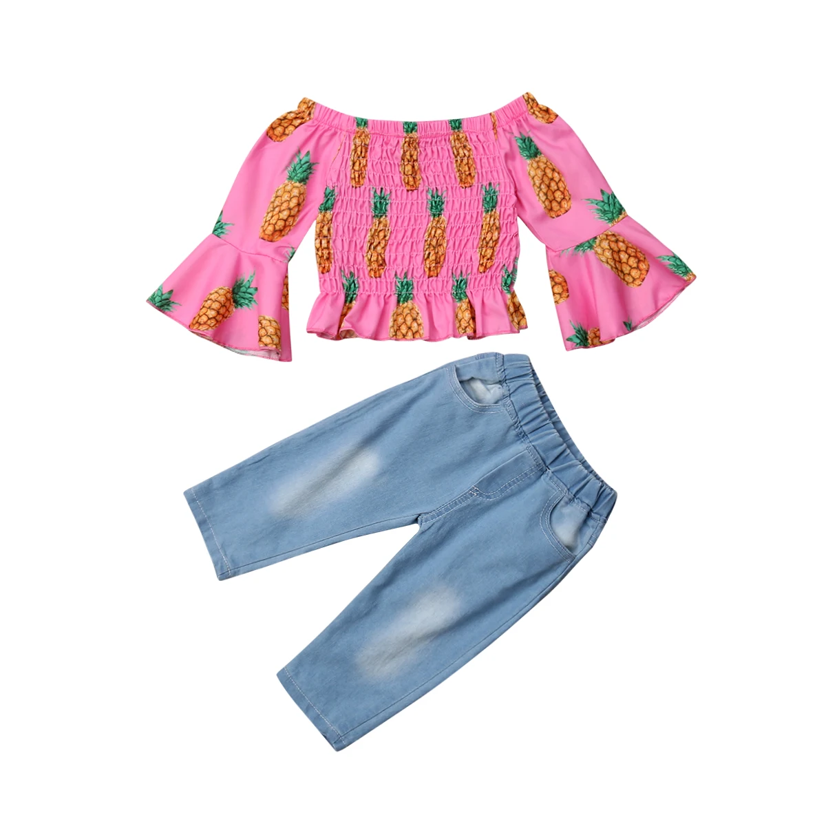 1-5Y Fashion Pretty Infant Kids Baby Girls Clothes 2PCS Flare Sleeve Pineapple Print Tops+Denim Long Pants |