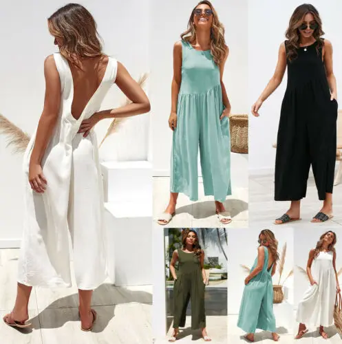 

2019 Casual Women Vogue Sleeveless Jumpsuit Romper Deep V neck Backless Loose Clothes S-XL