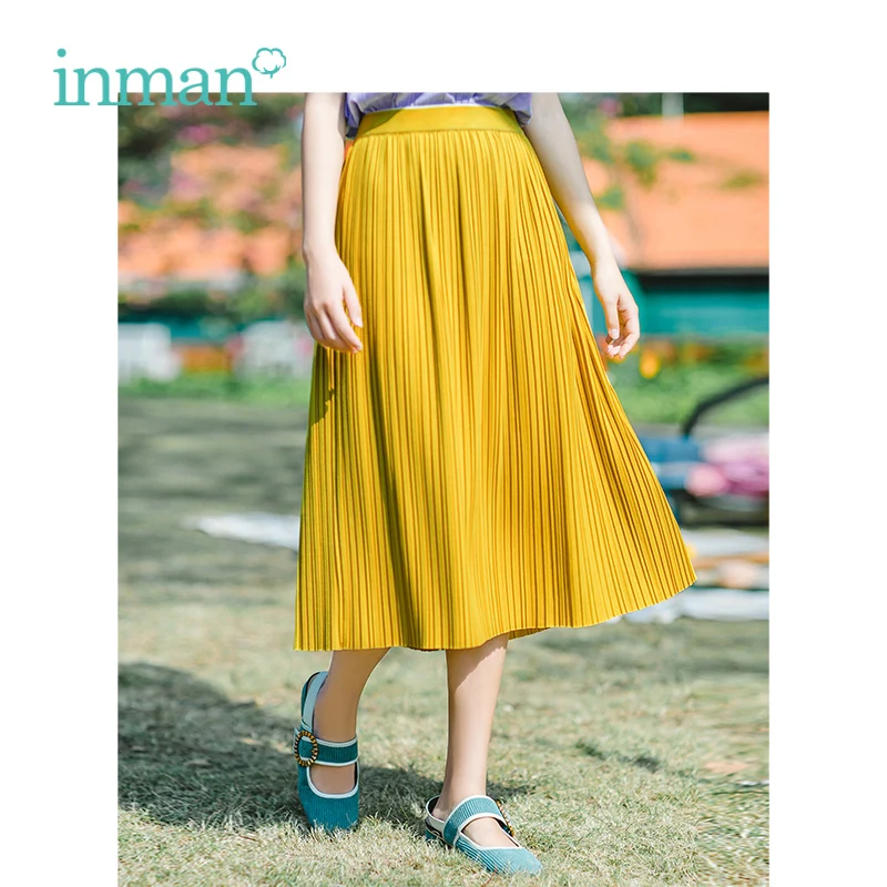 

INMAN 2019 Summer New Arrival High Waist Slim Literary Pleated Retro Hongkong Style Medium A-line Women Skirt