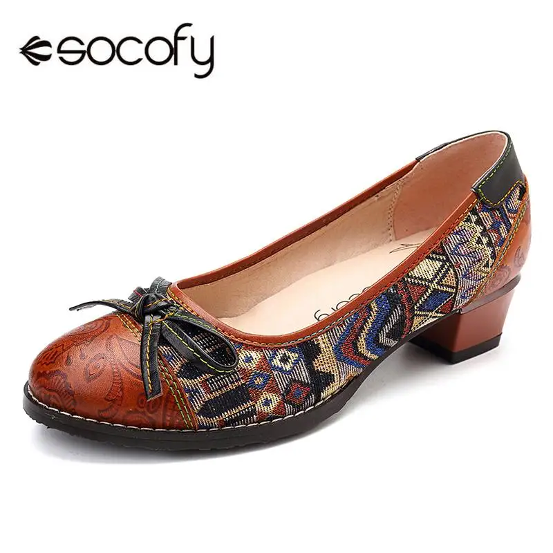 

SOCOFY Bohemia Genuine Leather Splicing Jacquard Butterfly Knot Stitching Slip On Pumps Basic Women Pumps Fashion 2019 Spring