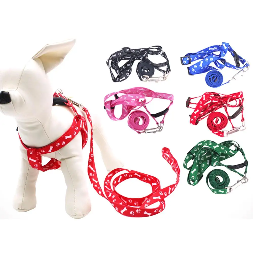 

Dog Cat Harness Collar Leash Fashion Bones Paws Print Safety Traction Rope