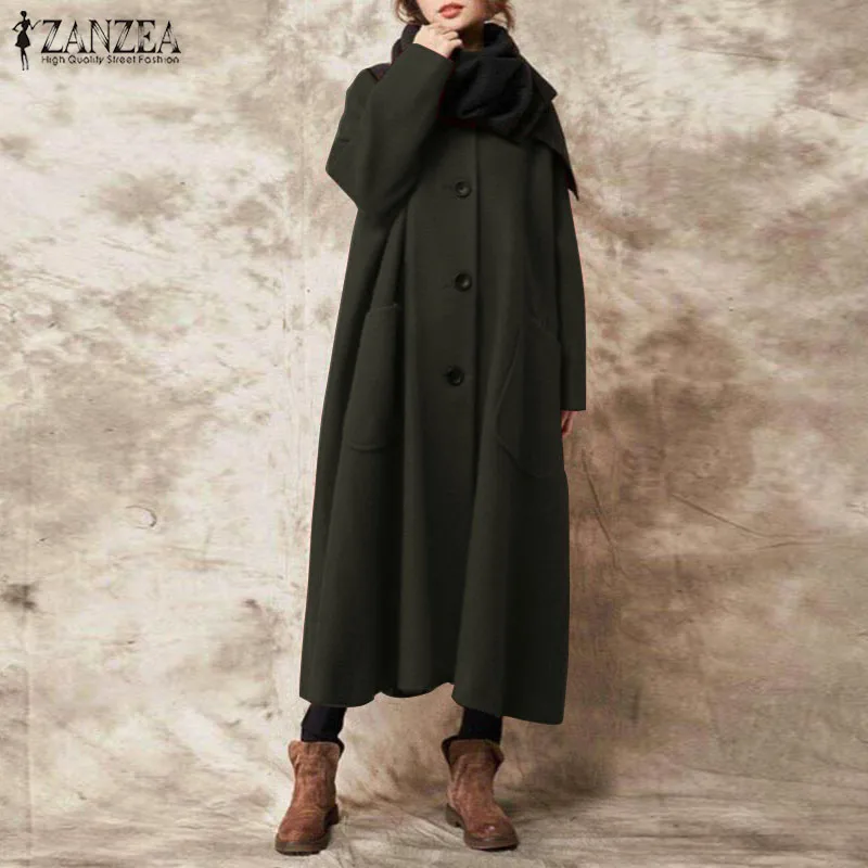 ZANZEA женское Свободное пальто с длинным рукавом и открытым штиком, повседневное пальто, элегантная однотонная Рабочая одежда OL, Зимние Модные Длинные куртки