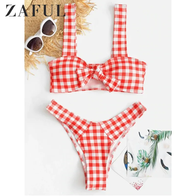  ZAFUL Ruffled Bikini Tie Knot Front Women Swimsuit Brazilian Plaid Bikini Set High Cut Swimwear Bea