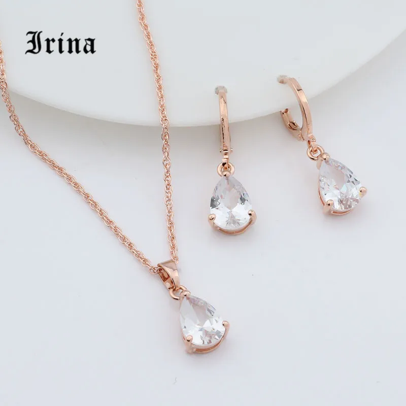 Irina 1Set Rose Gold Color AAA Oval Cut cubic zirconia Charming necklace Cute pendant drop earrings jewelry set