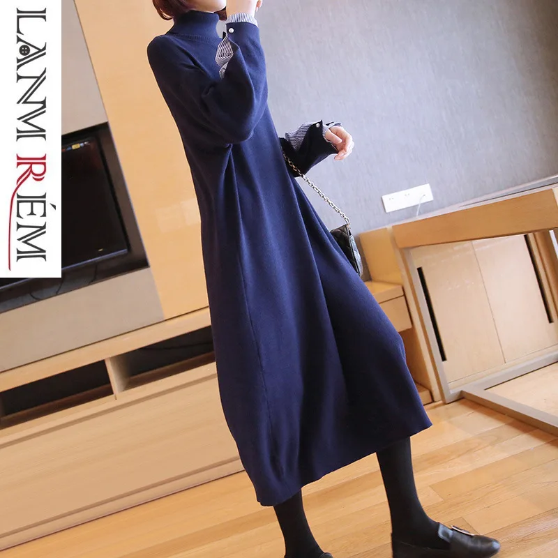 

LANMREM 2019 New Fashion Turtleneck Pullorvers Patchwork Cuff Design Knit Dress Female's Clthing Spring Black Red Vestido YG143