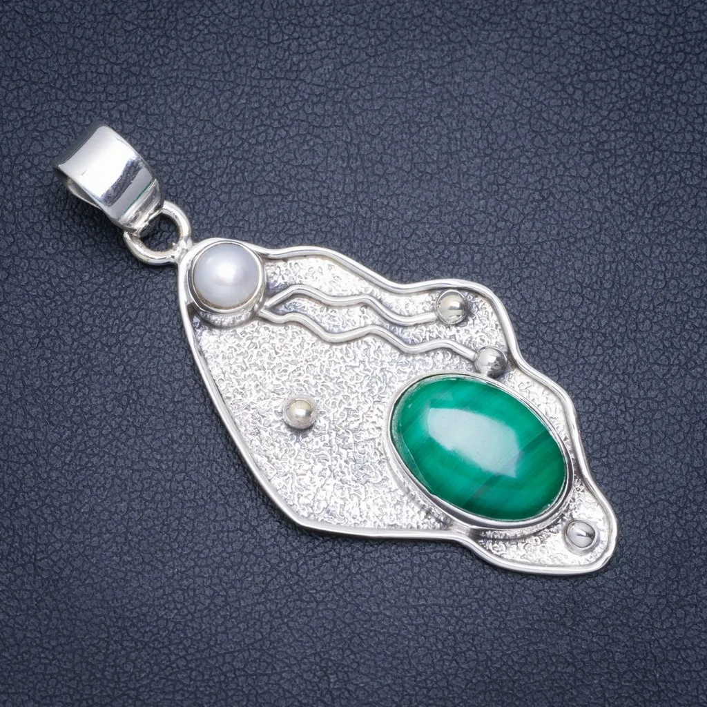 

Natural Malachite and River Pearl Handmade Leaf Unique 925 Sterling Silver Pendant 2" A0376