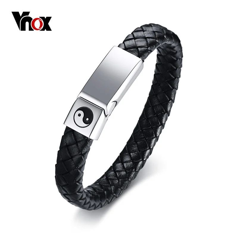 

Vnox Stylish Genuine Black Leather Bracelet for Men Chinese Traditional Gossip Charm Bracelet Bangle Jewelry 8.46