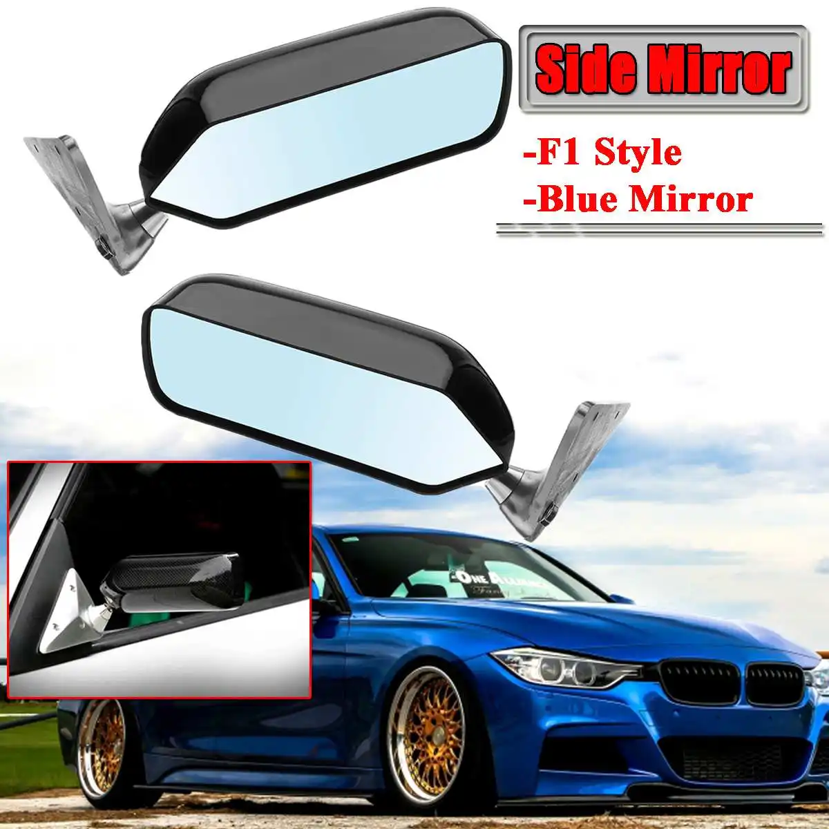 

A Pair New Universal Retro Car Rearview Side Mirror Craft Square F1 Style w/Blue Mirror Surface Metal Bracket Rear View Mirror