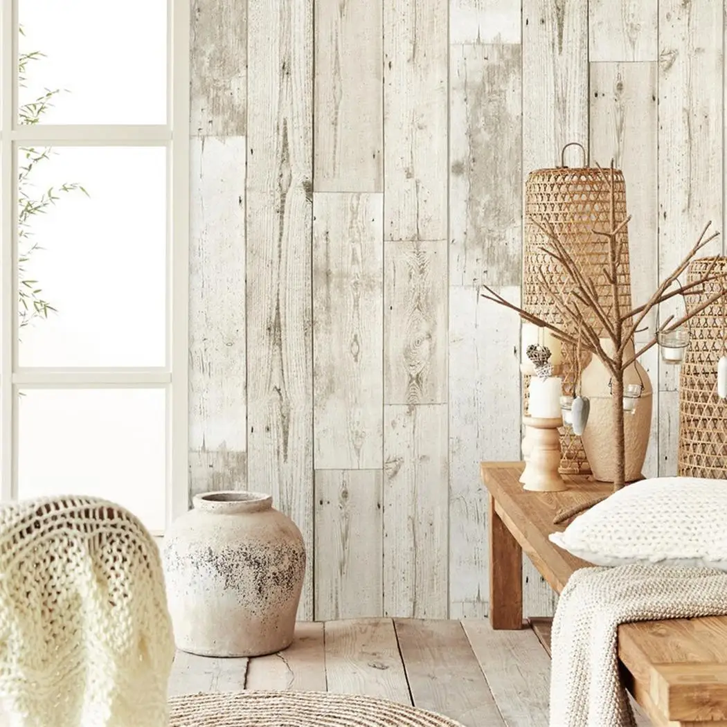 

Nostalgic Ivory White Yellow Wood Grain Waterproof Self-adhesive Wallpaper Home, Hotel, Clothing Store, etc