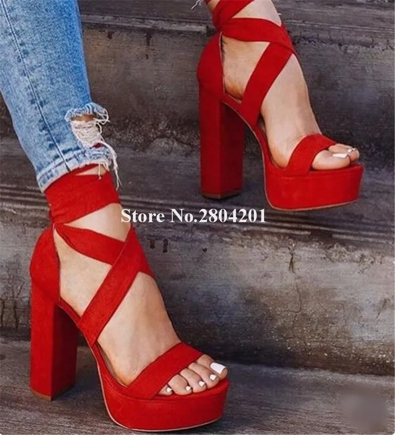 

Women Fashion Open Toe Suede Leather High Platform Sandals Lace-up Red Strap Cross High Heels Formal Dress Shoes