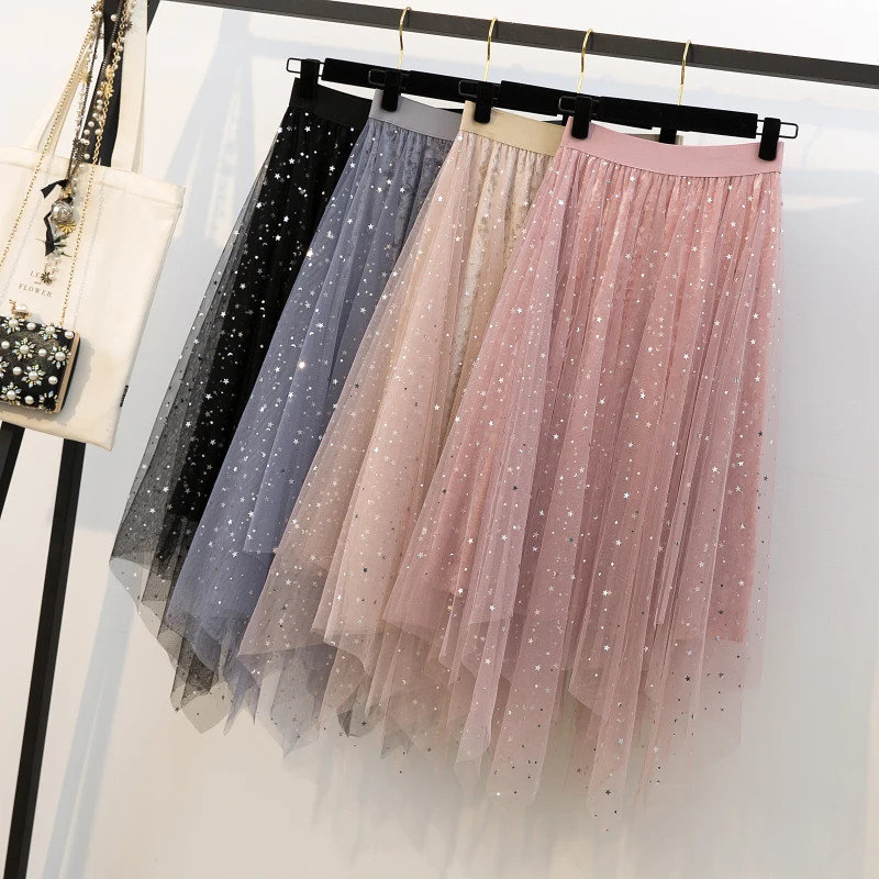 

Woman Tutu Skirt Black Summer 2019 Star Mesh Elastic Waist Midi Skirt Saias Faldas Jupe Plus Size Pleated Irregular Tulle Skirts