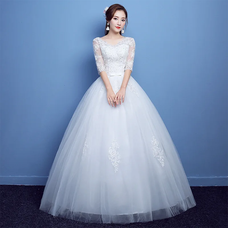 

Elegant Half Sleeve Lace Wedding Dress 2019 V-Neck Lace Up Beading Wedding Gowns Cheap Ball Gown Vestido De Noiva