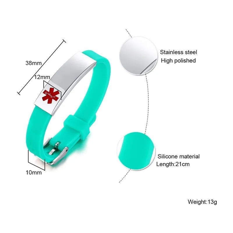 Женский силиконовый браслет, резиновый, брендовый, зеленый цвет, модный, цветной, Disabetes ID, медицинский, персонализированный браслет, бренды