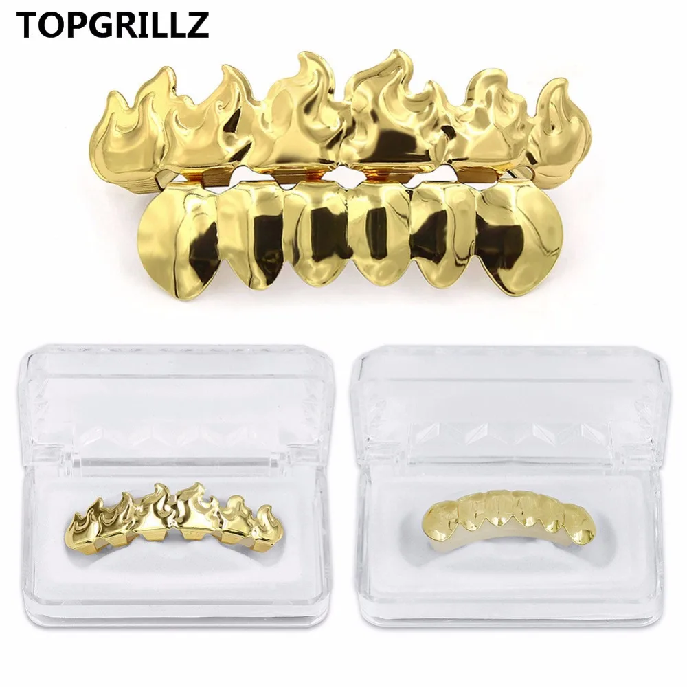 TOPGRILLZ позолоченные хип-хоп ЗУБЫ Grillz пламя лист сверху и снизу гриль набор с силиконовыми вампирскими зубами Рождественский подарок