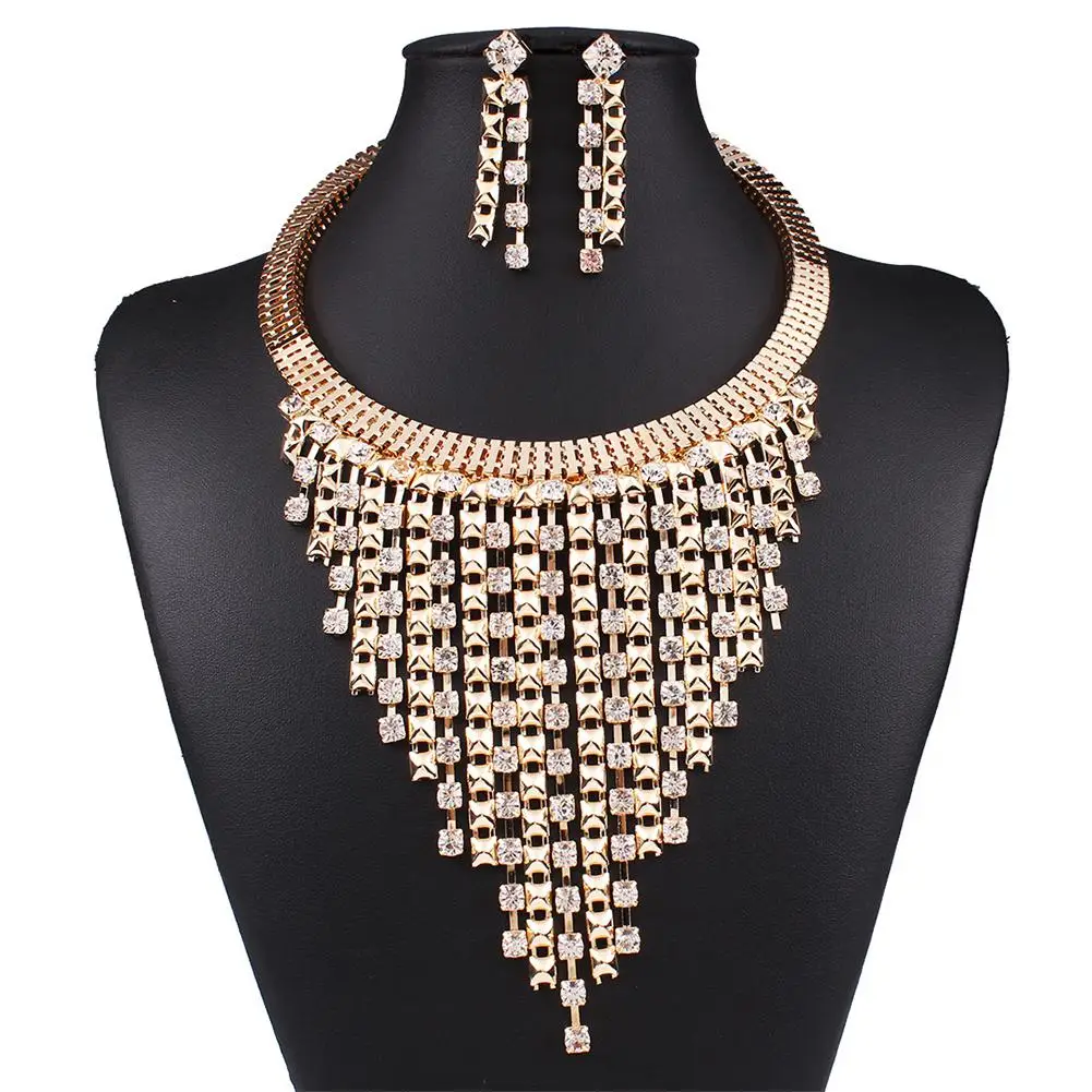 

DreamBell 2pcs/set New Trendy Women Jewelry Set Multi-layer Fringed Rhinestone Necklace Earrings Suit