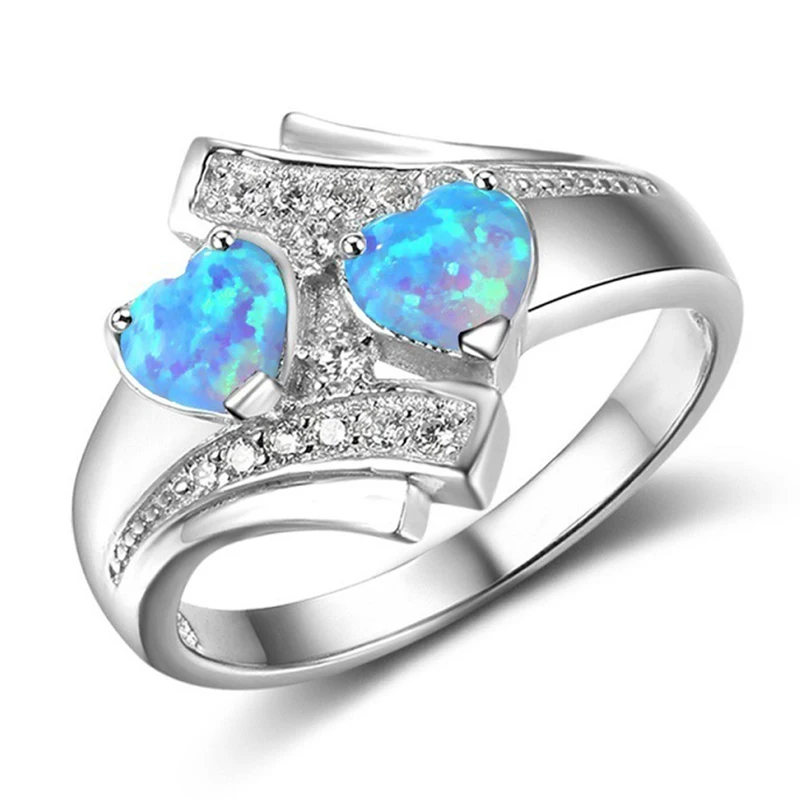 Sale Romantic Moonstone Blue Heart Fire Opal Ring Jewelry For Women Silvery Zircon Wedding Engagement Rings