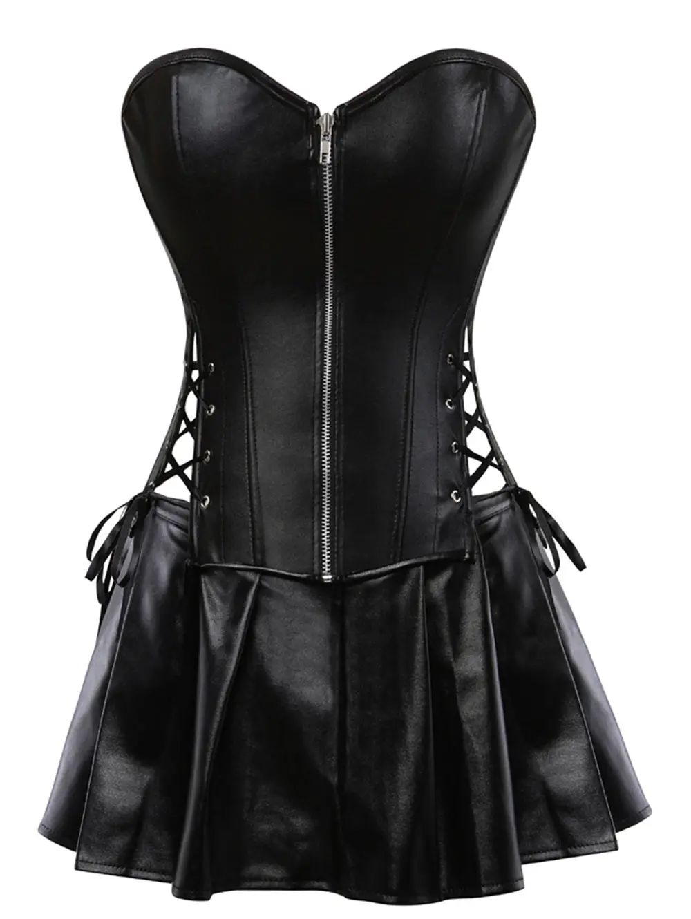 Wipalo Plus Size Strapless Lace Up Corset With Mini Skirt Sexy Zipper Solid Leather Bustier Women Wire Free Intimates 2XL|Бюстье и