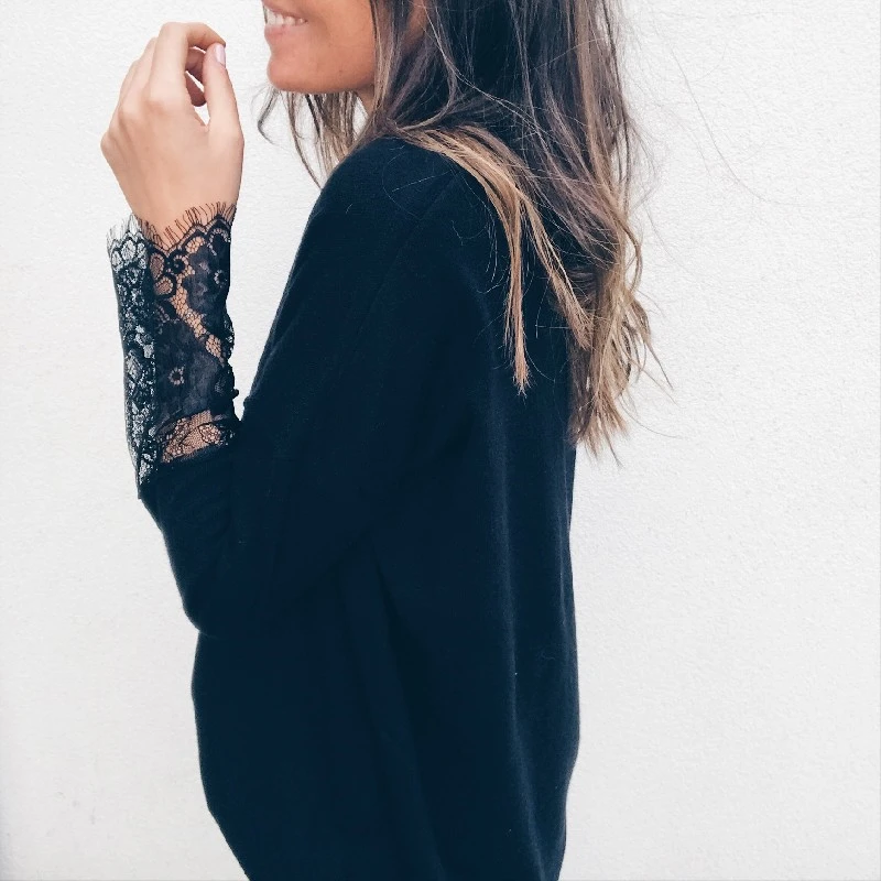 

Women's Sexy Lace V Neck Long Sleeve Tops Fashion Ladies Black Lace Blouse shirt