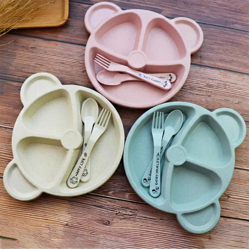 Baby Cartoon Plate Set Toddler Divided Plate And Spoon Set Toddle Wheat