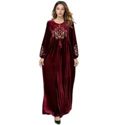 Мусульманское Абая платье женское винтажные, этнические, с цветочным платье с вышивкой с длинным рукавом шеи галстук кисточка большое