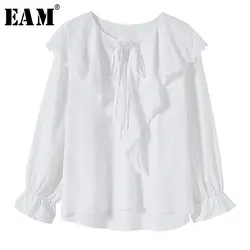 [EAM] 2019 Новый сезон: весна–лето нагрудные с длинным рукав-раструб белый кружева с выемкой, раздельная совместное свободные женская рубашка