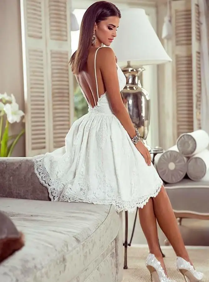 Белые кружевные сексуальные коктейльные платья трапециевидной формы с открытой спиной без рукавов с милой аппликацией модные платья для вечеринок